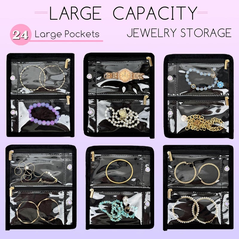 LingLingo Travel Jewelry Organizer Case,Jewelry Bags for Traveling, Jewelry Binder with 24 Pcs Clear Zipper Velvet Pouches for Storing Earrings, Rings, Necklace, Bracelet, Watch (Black) - Image 4